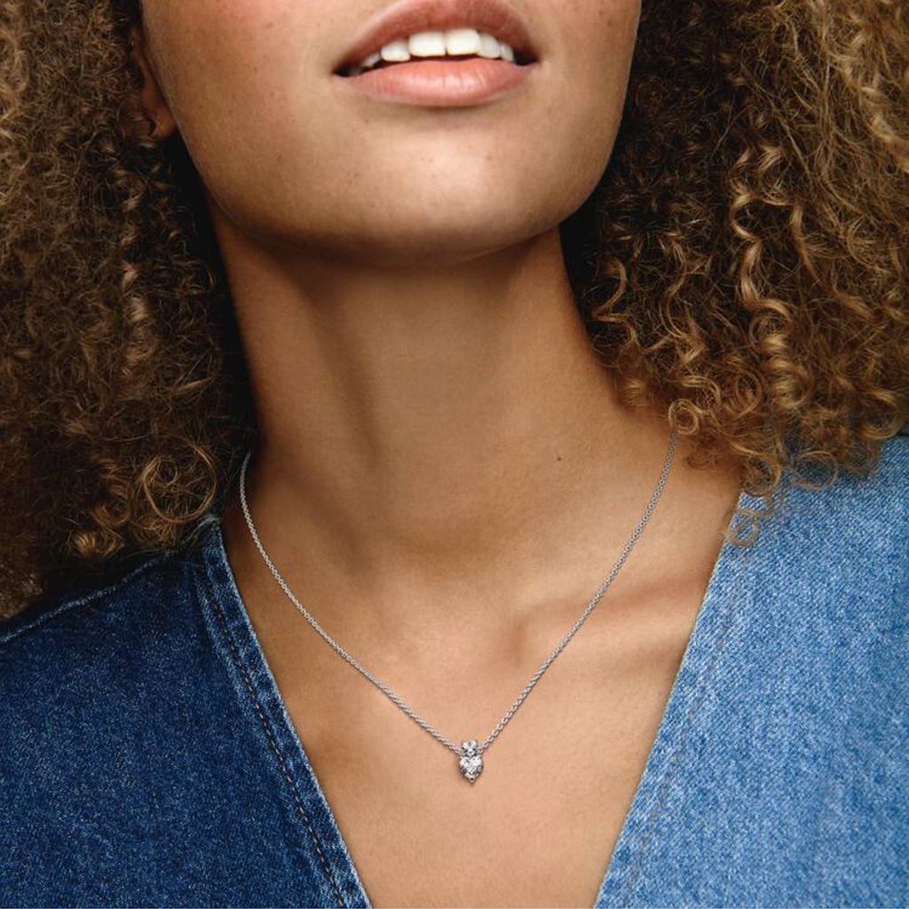Pandora Double Heart Pendant Sparkling Collier Necklace